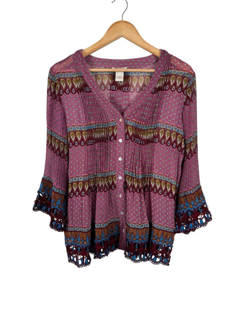 Sundance Boho Blouse Size L 100% Silk Pink Multicolor Crochet Trim V-Neck